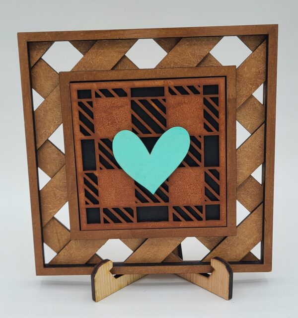 Heart on plaid background - teal mint, brown and black
